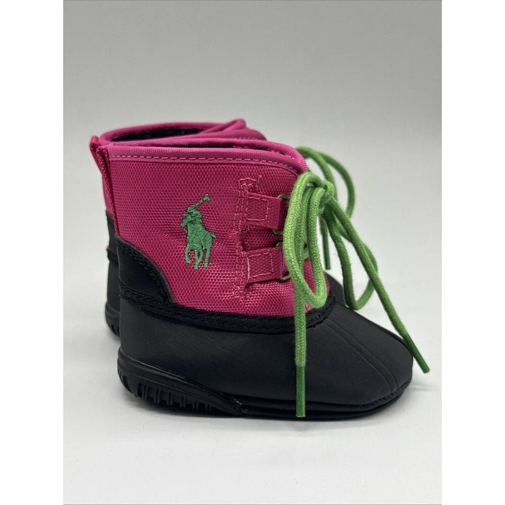 Polo Ralph Lauren Kids Duck Boots Pink Green Lace Up Winter Rain Boots Size 0